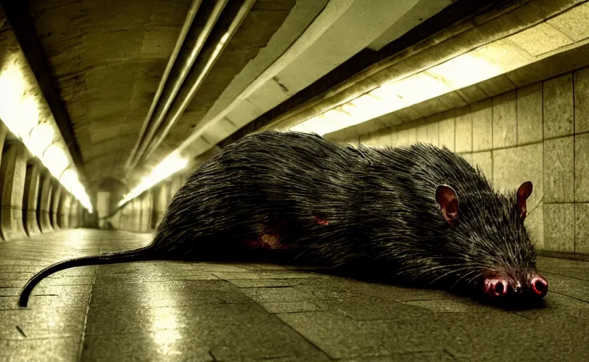 Image similar to very large giant mutant zombie rat with cancer in tonnel of moscow metro. extreme high detail. low dark light, scary atmosphere.