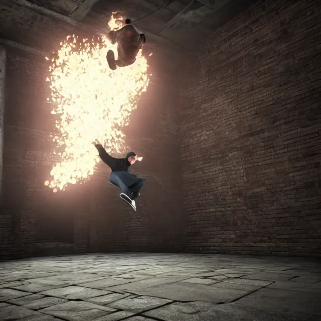 Image similar to tony hawk kick flipping over a boss in dark souls, dark cinematic, volumetric, realistic, cinematic lighting, ray tracing, unreal engine 5, unreal engine render, octane render, hyper realistic, photo, 8 k