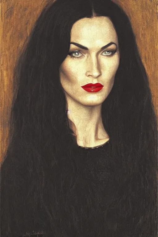 Image similar to upper body portrait megan fox as morticia addams by alfred stevens