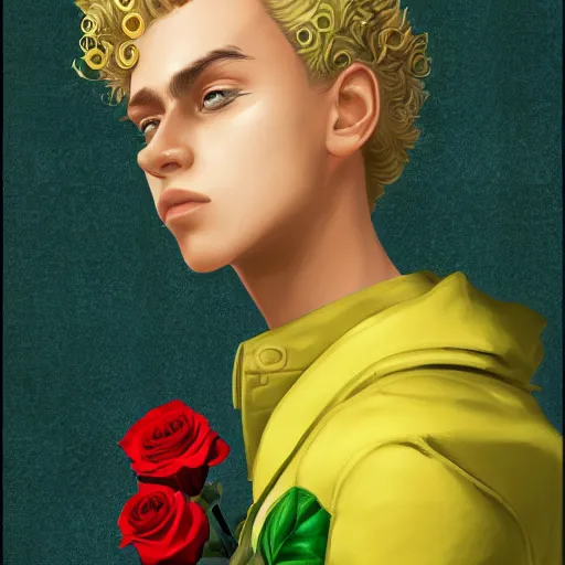 Prompt: a side view portrait of 1 5 years old young and beautiful giorno giovanna, green and yellow roses fill the background, fantasy, cinematic, tarot card, golden ratio, artstation