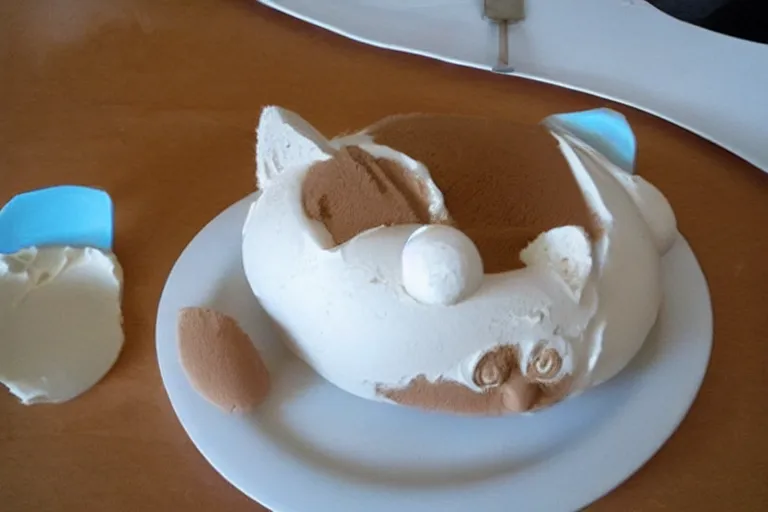 Prompt: cat made of ice cream, frozen desert in the shape of a cat