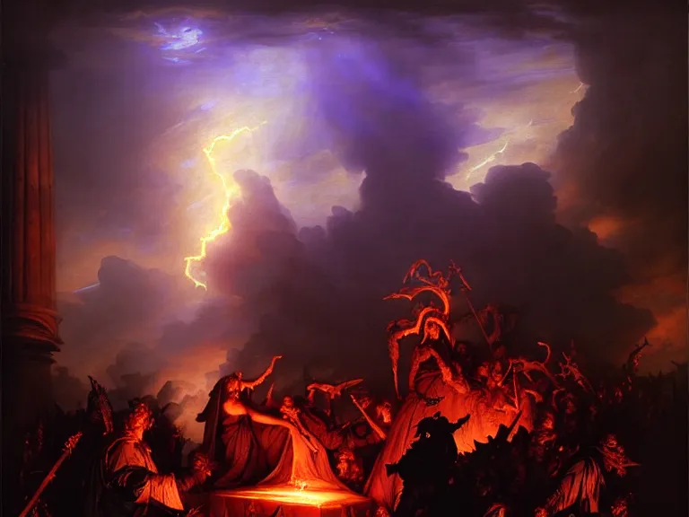 Prompt: darker blight of hopeful sins by whelan and driben and massys and hubert robert and staples and william etty and brom and deharme, beautiful, mythical, cloak, robe, highly detailed, hyperrealistic, intricate, energy, orange and purple electricity, blue flame, low light, high contrast, lifelike