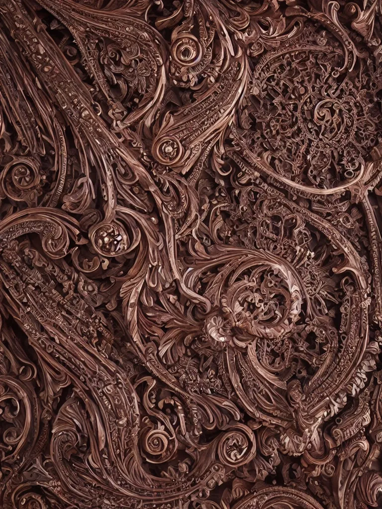 Image similar to wood carving in mahogany of an intricate design pattern of revolvers and rifles, biomechanical fluid, dramatic lighting, hyperrealistic, ultrarealistic, intricate details, 4k, unreal 5, digital art