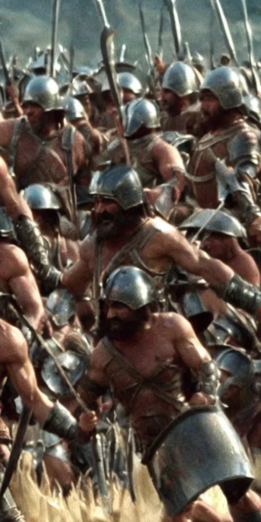Image similar to Danny Devito as Leonidas, with Leonidas beard, leading Spartans into battle at Battle of Thermopylae, in screenshot from the 300 movie