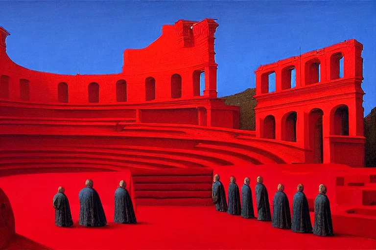 Image similar to only with red, a red great emperor, taormina amphitheatre, crowd with big smile, in the style of beksinski, parts by edward hopper, parts by rodcenko, parts by yue minjun, intricate and epic composition, red by caravaggio, insanely quality, highly detailed, masterpiece, red light, artstation, 4 k