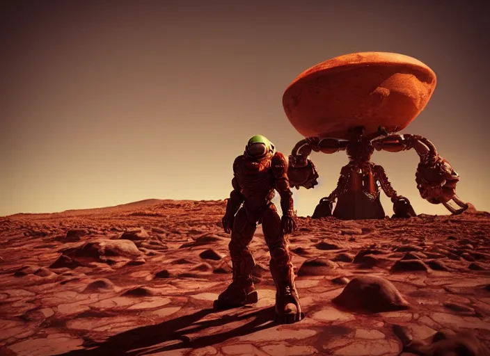 Image similar to “ doom marine, standing on martian rock, in front of mars base, space ship in background, octane render, digital art ”