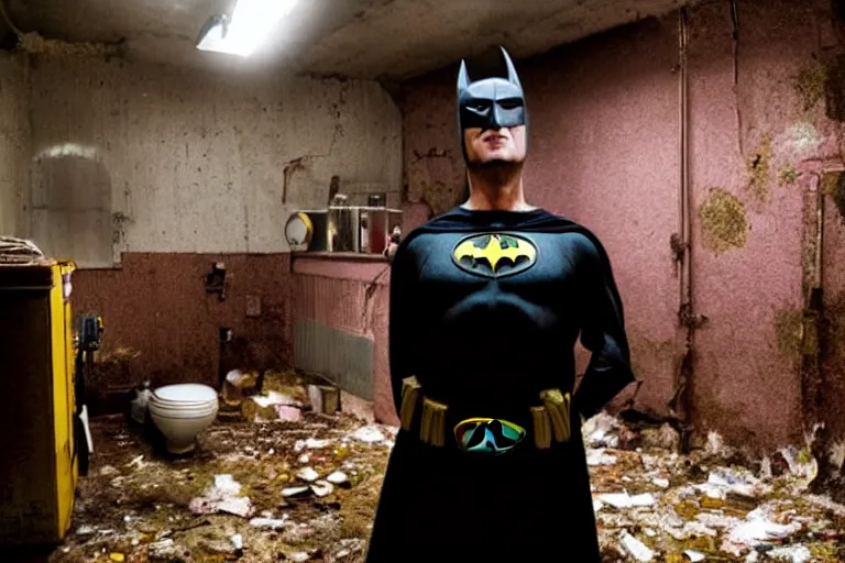 Prompt: michael keaton as batman wearing pink frilly apron offering free beer in dirty disgusting brown bathroom with cracked tiles and mold, atmospheric eerie lighting, dim lighting, bodycam footage, motion blur, blurry photography