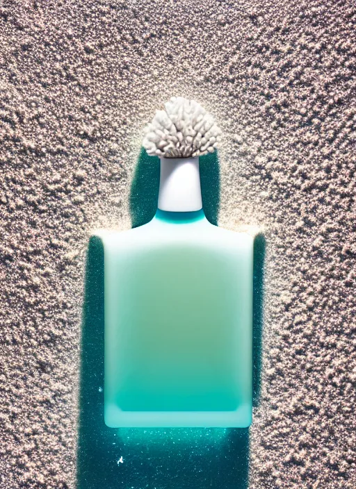 Prompt: perfume bottle covered in seafoam, white glittering sand, and corals, up close shot, sharp focus, global illumination, radiant light, alexandre ferra white, irakli nadar, octane highly render, 4 k, ultra hd,