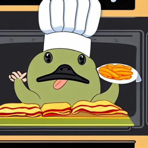 Prompt: cute platypus on a kitchen wearing a chef hat and holding a lasagna into an oven, logo style