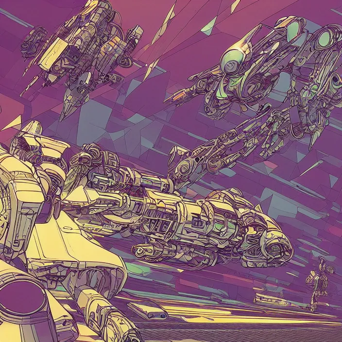 Prompt: cyberpunk mollusc mechs, flowing, bauhaus, aerodynamic, fast, flat art, digital art, hd, by moebius