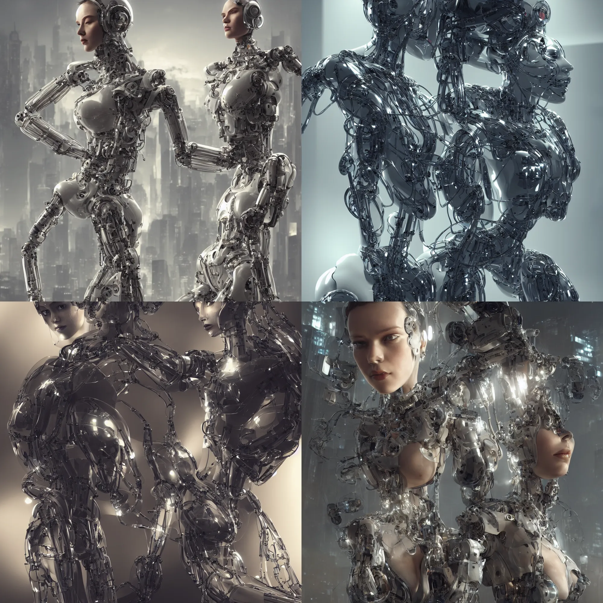 Prompt: Wide angle portraiture of female cyborg with transparent acrylic robotic bodyshell, perfect proportion, very intricate metallic robotic details, cyberpunk interior, cinematic, asymmetrical, beautifully lit, hyper realistic, vray, octane render 4k, high resolution, art by cory loftis, craig mullins, james jean, grzegorz rutkowski, tom bagshaw,