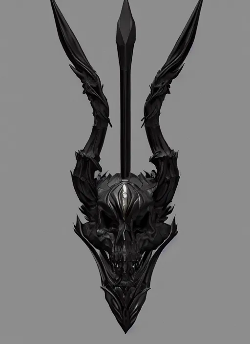 Image similar to a black long sword skull crest, orthographic, ornament, weapon, a 3 d render by dom qwek, front side full, trending on polycount, artstation, hard surface modeling, rendered in maya, zbrush, blender, hd, vray, berserk first person view, symmetry