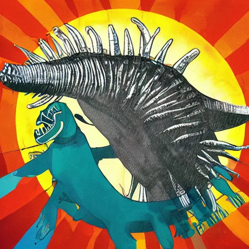 Image similar to Nirvana Nevermind album cover with a spinosaurus