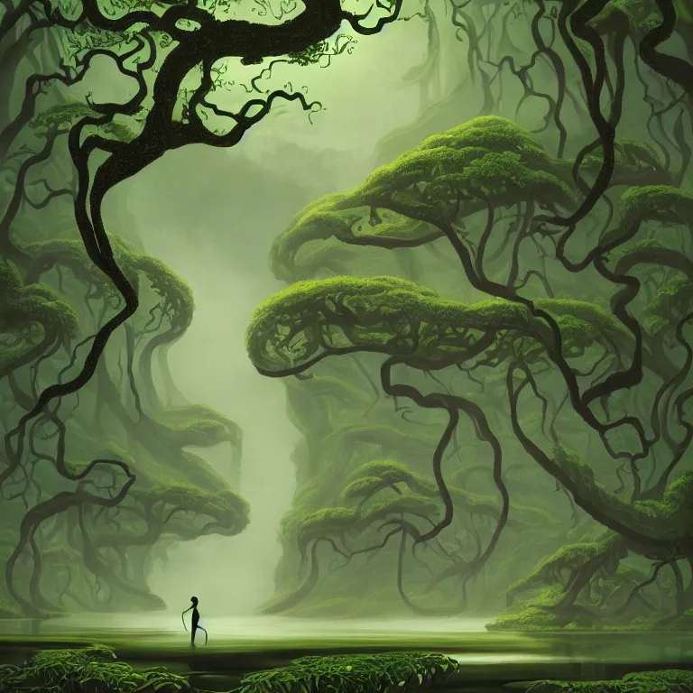 Prompt: concept art of a person in a body of water surrounded by trees, lush vines, a detailed matte painting by eyvind earle, featured on deviantart, fantasy art, matte painting, enchanting