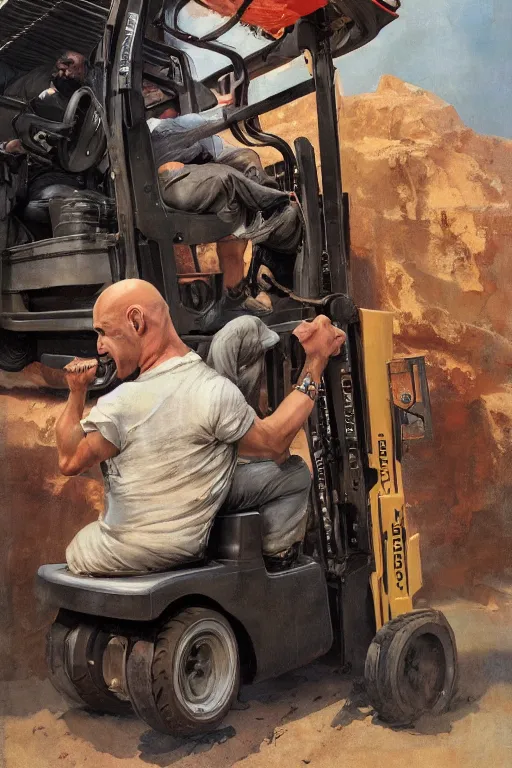 Image similar to a bald man driving a fork lift truck by Frank Frazetta, Ivan Aivakovsky, Boris Vallejo, epic character art, full length, Exquisite detail, post-processing, masterpiece, cinematic, 8k, ultra realistic, hyper detailed