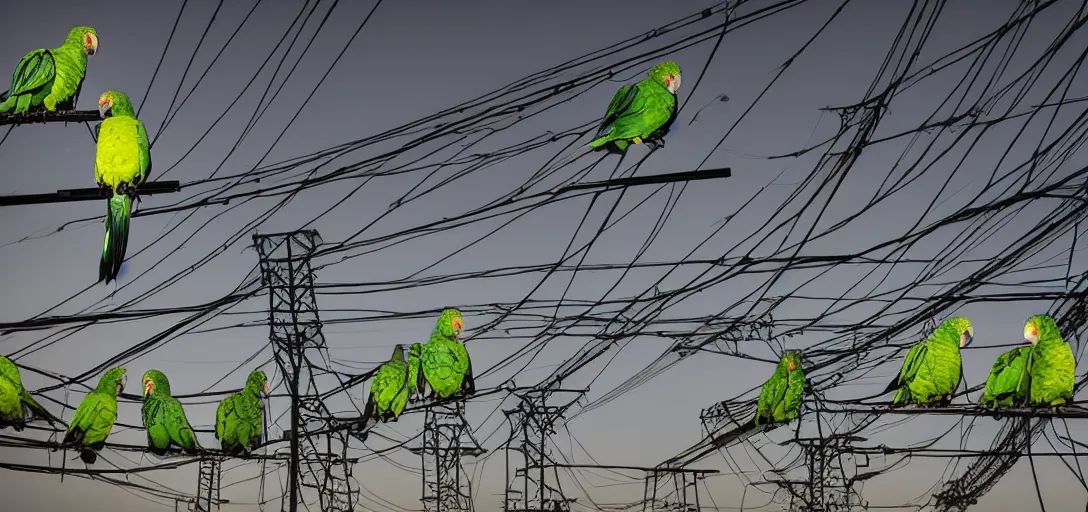 Image similar to a 3 5 mm photography at night, camera with strong flash on, of a lot of green parrots on the power lines taken by yoshinori mizutani - h 9 6 0