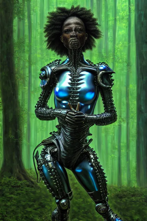 Image similar to hyperrealistic post - baroque super expressive! black woman with exoskeleton armor, merging with tree in a forest, highly detailed digital art masterpiece smooth cam de leon eric zener dramatic pearlescent blue green light ground angle hd 8 k sharp focus