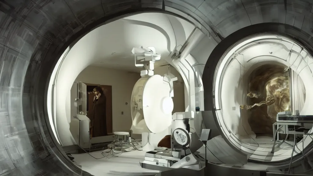 Image similar to an mri image open mri exposed uncovered machine portal in the living room, film still from the movie directed by denis villeneuve with art direction by salvador dali, wide lens