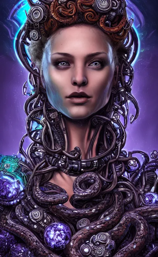 Prompt: highly detailed and intricately made HD mixed media digital artwork piece of an epic fantasy comic book style portrait painting of a very beautiful and intimidating nebulapunk Medusa with symmetrical facial features and lots of large cyberpunk cybernetic bio-luminiscent snakes as hair, awesome pose, centered, full body, vibrant dark mood, unreal 5, hyperrealistic, octane render, cosplay, RPG portrait, Sci-fi, arthouse, dynamic lighting, atmospheric lighting, Aetherpunk, intricate detail, cinematic, HDR digital painting, 8k resolution, enchanting, otherworldly, sense of awe, award winning picture, Hyperdetailed, blurred background, digital airbrush painting, backlight, 3d rim light, Gsociety, trending on ArtstationHQ, maximalist, dreamscape, Rococo, Baroque, surreal dark art, iridiscent accents, Bokeh, cosmic horror, lovecraftian style, very accurately symmetrical portrait, glowing rich colors, 300 DPI, 3d final render, 3d shading, psychedelic highlights, dramatic shadows, anamorphic lens, concept art
