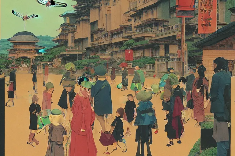 Image similar to gigantic dragonflies with human faces catch tiny robots, a lot of exotic mechas robots around, human heads everywhere, risograph by kawase hasui, dirtyrobot, edward hopper, satoshi kon and moebius, colorful flat surreal design, super - detailed, a lot of tiny details, fullshot
