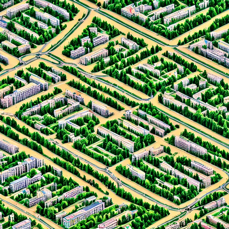 Prompt: Bird-eye view of soviet town, infinitely long soviet-era panel-buildings, infinitely street with a perfect green lawn. High detail, details, 105mm, symmetric, symmetrical, cinematic