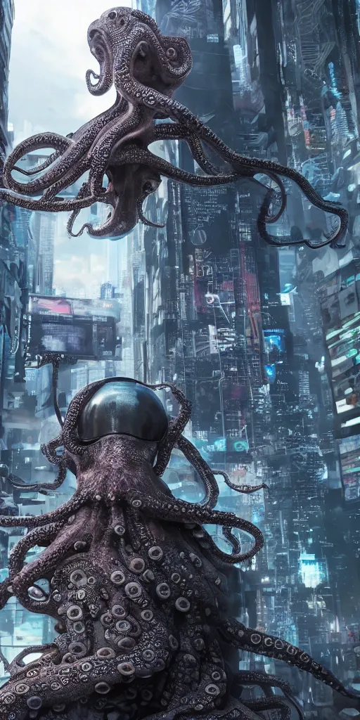 Image similar to hyperrealism, detailed textures, photorealistic 3 d cyberpunk octopus in apocalyptic city, futuristic clothing and helmet, ultra realistic, cinematic, intricate, cinematic light, unreal engine 8 k