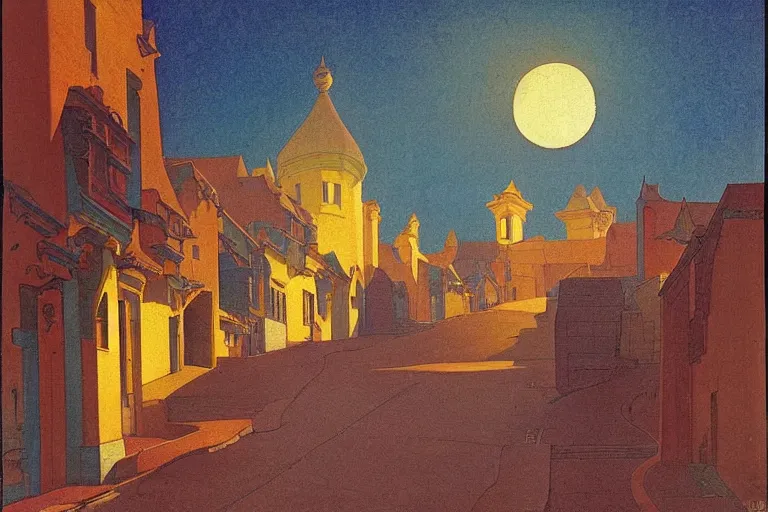 Image similar to winding street at midnight in a very old very beautiful city by George Price Boyce and Nicholas Roerich and Maxfield Parrish, glowing paper lanterns, strong dramatic cinematic lighting , ornate tiled architecture, lost civilizations, smooth, sharp focus, extremely detailed