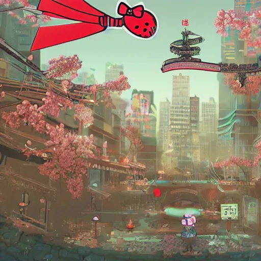 Image similar to hello kitty samurai in cyperpunk city, concept art