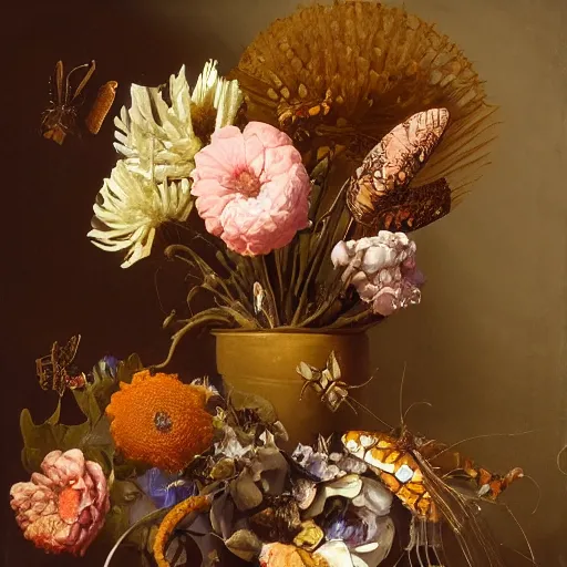 Prompt: snake hunting butterfly still life, withered flowers, beetles crawling, otto marseus van schrieck still life, dutch golden age painting, dramatic lighting, cinematic lighting, willem van aelst still life, elias van den broeck painting still life, rachel ruysch flowers, oil on canvas, detailed, vanitas baroque painting