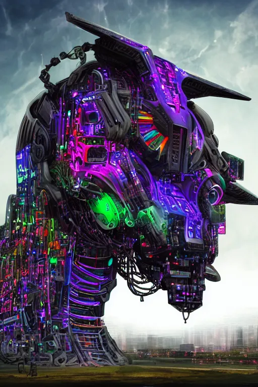 Image similar to giant imposing complex machine with evil cybernetic goat head at helm, multicolored, cyberpunk