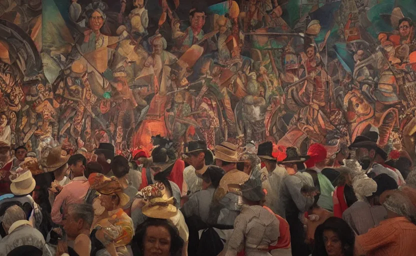 Prompt: a beautiful render of a mexican muralism painting of andres manuel lopez obrador and the people of mexico, by siqueiros, intricate detail, unreal engine 5