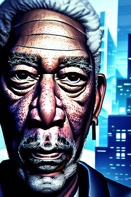 Image similar to a very detailed portrait a cyberpunk Morgan Freeman, biotech, machine, photorealistic, highly detailed with a cyberpunk style, unreal engine, defined cheekbones, dramatic cinematic lighting