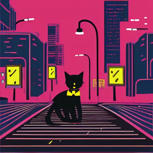 Prompt: Black cat wandering down a rain city street, cyberpunk theme, vector art style, high contrast, high detail, colorful image