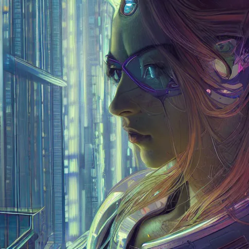 Image similar to portrait of cyberpunk woman looking out of a window, cyberpunk setting, futuristic, highly detailed, intricate lighting, digital painting, sharp focus, illustration, trending on artstation, art by alphonse mucha.