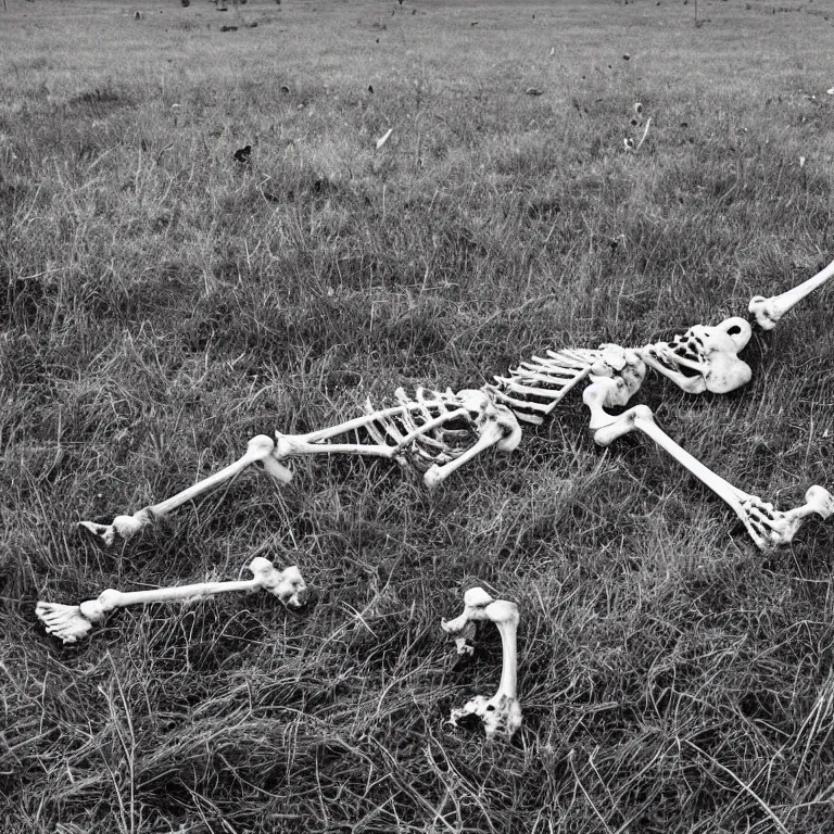 Image similar to decaying skeleton and bones. in a meadow