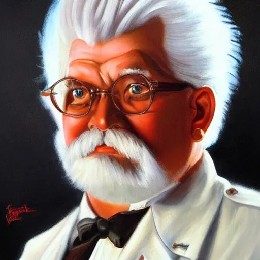 Prompt: an ultra - realistic portrait painting of colonel sanders in the style of frank frazetta. 4 k. ultra - realistic. highly detailed. dark fantasy. epic lighting.