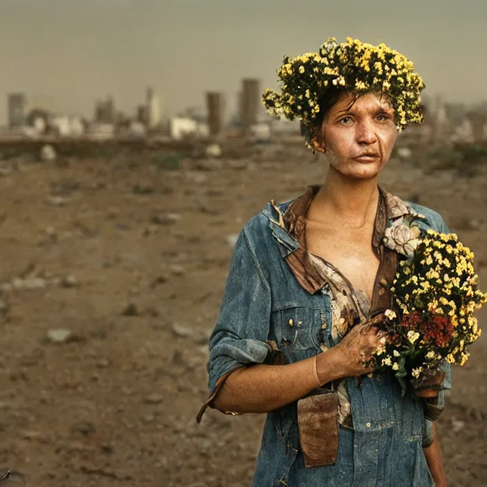 Image similar to closeup portrait of a woman with flowers growing out of her face, standing in a desolate apocalyptic city, by Annie Leibovitz and Steve McCurry, natural light, detailed face, CANON Eos C300, ƒ1.8, 35mm, 8K, medium-format print