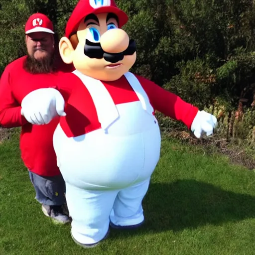 Prompt: big chungus in real life dressed like mario, super mario, big chungus, high resolution photo