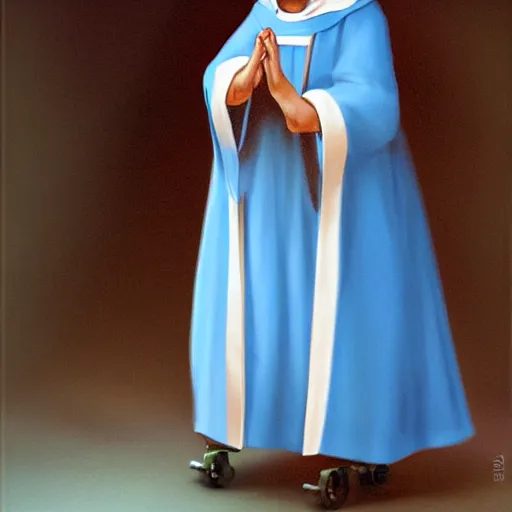 Prompt: blonde nun in blue clothes on roller skates, photorealistic, baroque style