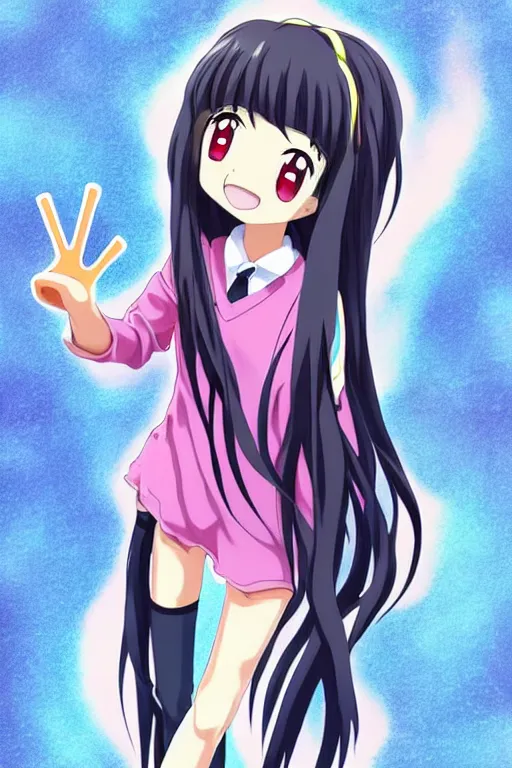 Prompt: full body anime portrait of a cute girl round eyes long hair dressed in a school uniform inside the school, peace sign, stunning, highly detailed, anatomically correct