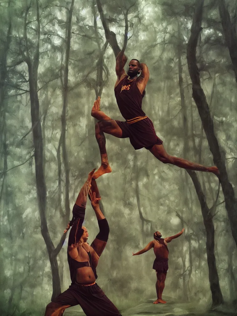 Prompt: lebron james doing yoga in the forest, epic dark fantasy horror stylized oil painting by ivan shiskin. trending on artstation