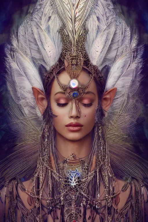 Prompt: a mystical render of a single alluring mystical tribal goddess adorned with feathers and gemstones and cables and synthesizer parts is surrounded by sacred geometry made from elven architecture, full body, gorgeous, perfect face, powerful, cinematic, beautifully lit, by artgerm, by karol bak, 3 d, trending on artstation, octane render, 8 k