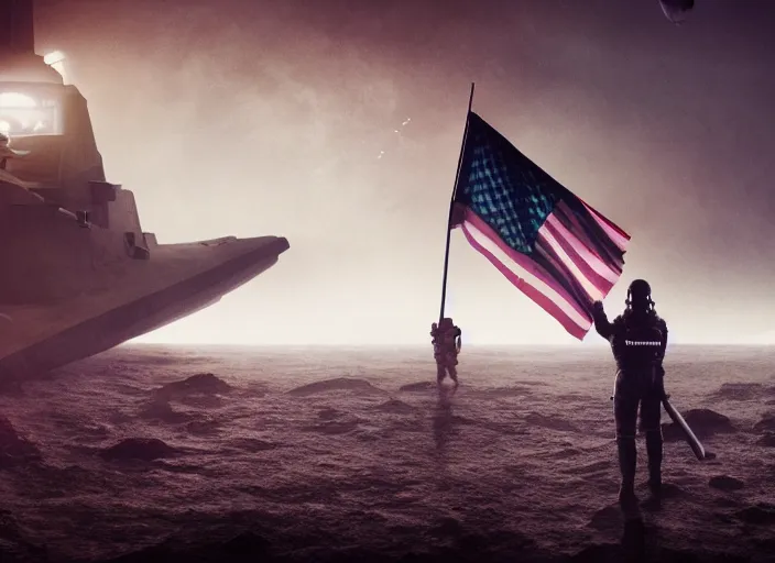 Image similar to astronaut holding a flag, underwater desert scene, submarine in background. dark, concept art, cinematic, dramatic, atmospheric, 8 k, trending on artstation, blue, fish, low visibility, fog, ocean floor, by christopher nolan, denis villeneuve