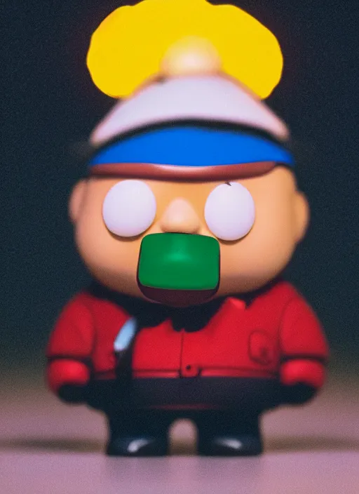 Image similar to a 2 8 mm macro photo of eric cartman funko pop, splash art, movie still, bokeh, canon 5 0 mm, cinematic lighting, dramatic, film, photography, golden hour, depth of field, award - winning, anamorphic lens flare, 8 k, hyper detailed, 3 5 mm film grain