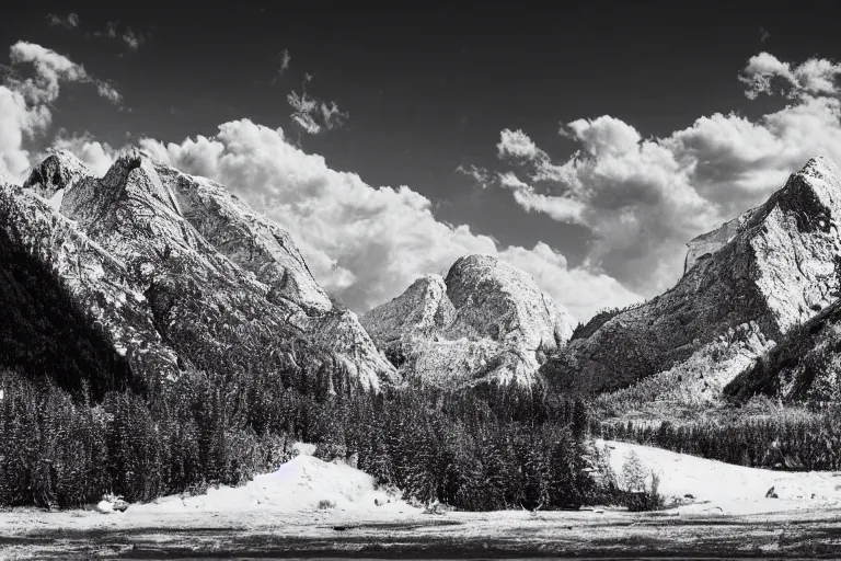 Prompt: tyrannosaurus rex large theropod dinosaur inside a valley, huge snowy peaks, in the style of ansel adams, black and white, old, master photography