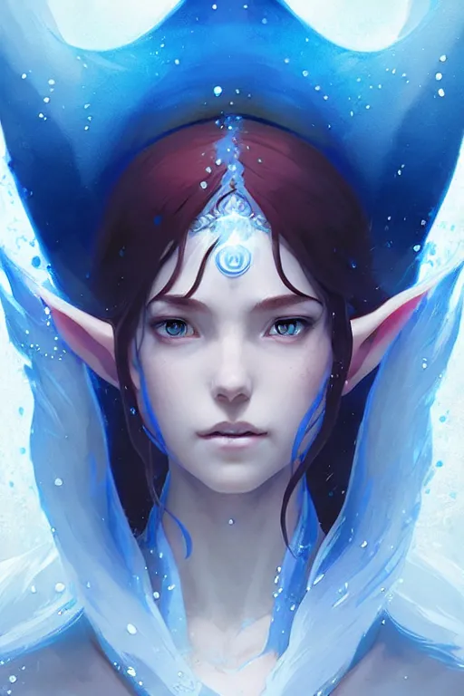 Image similar to elf female sorcerer doing water magic spells, blue robes, red hair, finely detailed perfect face, exquisite details, mid view, design on a white background, by studio muti, greg rutkowski makoto shinkai takashi takeuchi studio ghibli