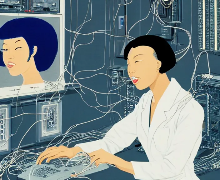 Prompt: dark skin woman wearing a white lab coat dark, blue bob haircut to shoulder, body connected to wires, connected to 1 9 8 0 s computers, painted by yoshitoshi abe, dynamic lighting, dark ambience,