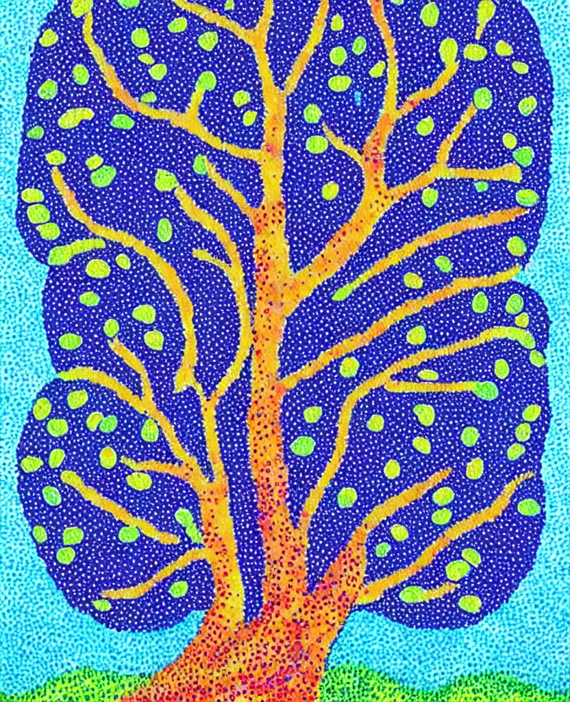 Image similar to a painting of a tree with blue berries on it, a pointillism painting by laurel burch, pinterest contest winner, mail art, vivid colors, whimsical, fauvism