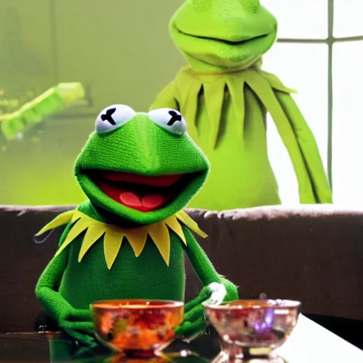 Image similar to candid photo of kermit the frog sitting on the couch smoking out of a bong, ted ( 2 0 1 2 ) bong scene, kermit the frog, high resolution photo, trending on artstation, interior design