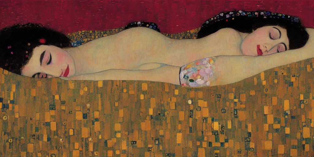 Prompt: a girl lying in a bed painted by Gustav Klimt